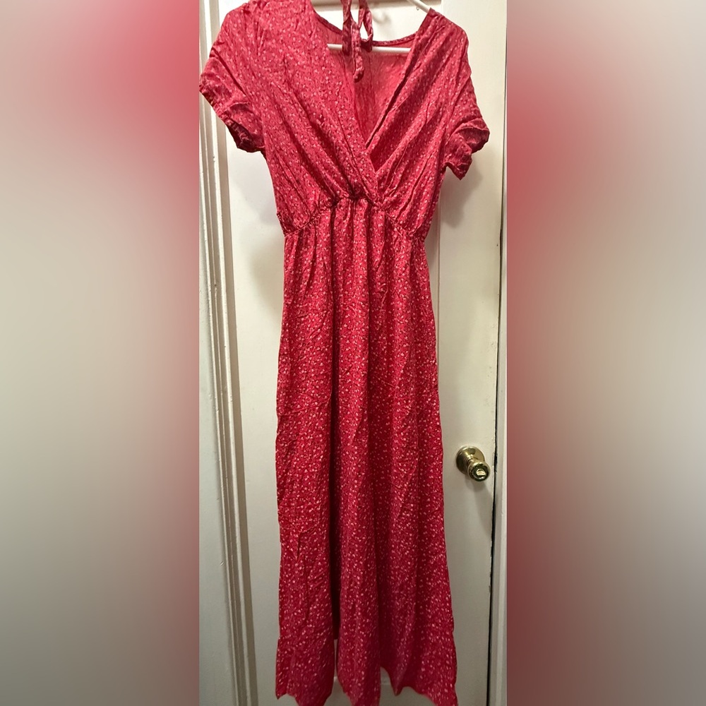 95%Cotton/5%Elastic Dress Red Floral Maxi Dress with Waist Tie